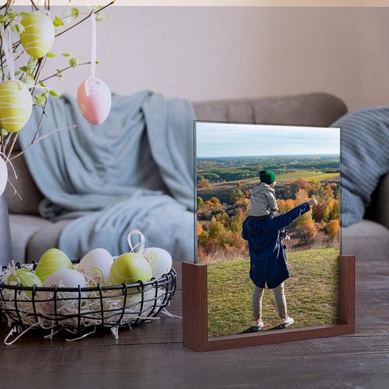 Dubbelzijdige fotolijst 20 x 25 cm van glas met een bruine houten onderlegger voor tafelblad, set van 2