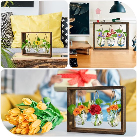 Vaas met vintage houten frame en 3 grote glazen vazen