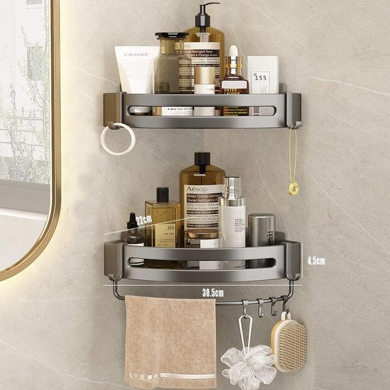 Shower Shelf No Drilling, Shower Shelf Corner Bathroom Accessories with 4 Hooks, Aluminium Shower Shelf, Bathroom Shelf, No Drilling for Kitchen, Bathroom, Shower Basket for Hanging, Pack of 2