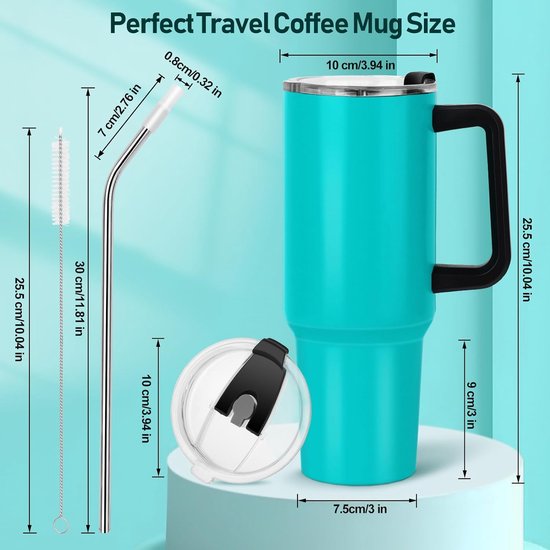Thermomok met rietje Drinkbeker met deksel en handvat 1,1 L Coffee to Go Vacuüm geïsoleerde autobeker met lekvrij deksel Stroborstels BPA-vrije cadeaus Dames Heren