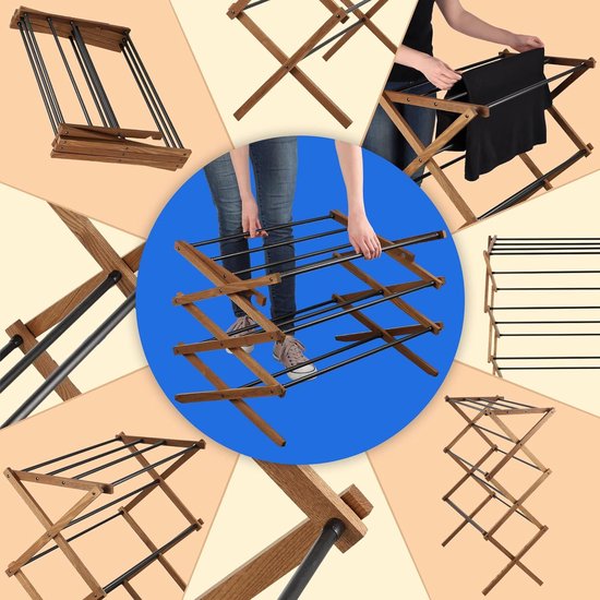 Staande droger van hout - inklapbaar torenwasrek met 11 stalen staven en 7 m² droogoppervlak - ecologisch wasrek, ruimtebesparende droger (97 cm hoog)