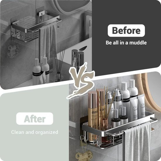 Doucheplank zonder boren, doucheplank met haken, handdoekhouder, aluminium, zonder sporen achter te laten, zelfklevende doucheplanken met 2 haken, voor keuken, badkamer, douchemand om op te hangen, 2