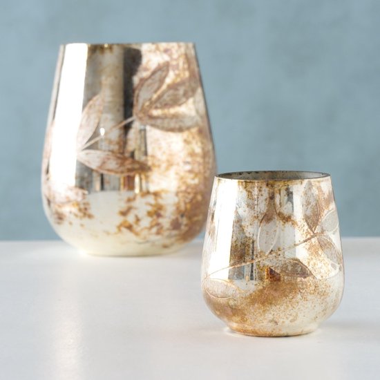 Glazen windlichten Lofej - 2-delige set (hoogte 8 cm/15 cm, binnendiameter 5,5 cm/9,3 cm), handgelakt glas met bloemendesign en kopergouden glans, decoratie voor tafel en vensterbank