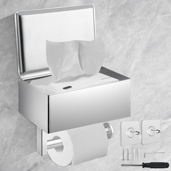 Matt Black Toilet Roll Holder with Shelf, Flushable Wipe Dispenser and Storage for the Bathroom - Keep Your Wipes Out of Sight - Stainless Steel Wall Mount (Silver)