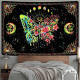 Blacklight Vlinder Wandtapijt, UV-reactieve bloemen, wanddoek, maanfasen, mot, wandtapijt, hippie, esthetisch, voor slaapkamer en woonkamer, 210 x 150 cm