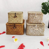 Opbergmand van zeegras met dekselset met 2 stapelbare manden, natuurlijk zeegras, geweven, vierkante manden voor rekken, organizer, dozen, opslag van cosmetica, sieraden, naalddraden