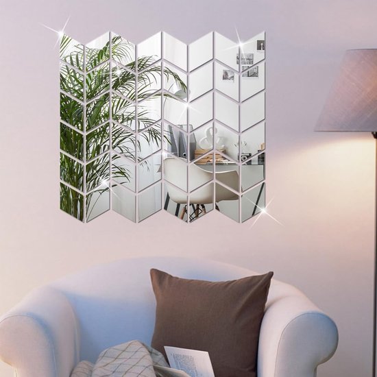 24 stuks zelfklevende 3D acryl wandspiegel, 14 x 8 cm, afneembare driehoekige doe-het-zelf spiegelstickers, tegelstickers, voor woonkamer, slaapkamer, huis (zilver)