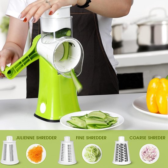 Trommelrasp, 5-in-1 kaasrasp met zwengel en 10 roestvrijstalen verwisselbare messen, handmatige groentesnijder, keukenrasp voor salade, noten, fruit, pizza (snijbestendige handschoenen)