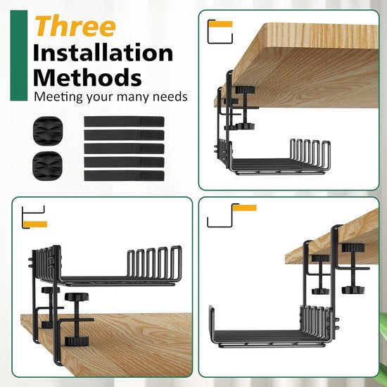 Cable carrier without drilling under the desk, improved cable tray with clamp for table, sturdy metal cable duct for the power strip, black, one pack