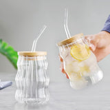 set van 2 grote koffiekopjes, 500 ml latte macchiato glazen, met deksel en lepel, helderglazen kopjes, ijskoffie glazen kopjes, rimpel drinkglazen, warm koud drinkglas