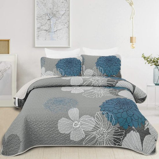 Sprei 220 x 240 cm blauwe bloemen bedsprei zacht zomerdekbed gewatteerde deken voor tweepersoonsbed microvezeldekbed met 2 kussenslopen 48 x 75 cm