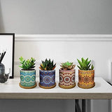 Keramische vetplantenpotten, 4 stuks, 7 cm, cactusplant, potten, mini-bloempottenset met bamboe onderzetter, miniatuurplantencontainer, decoraties voor thuis, kantoor, balkon, Mandala 01 kleurrijk