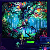 Fantasierijk zwart licht boomtapijt met bosfee, natuur en magische elfenmotieven, muurophanging en trippy UV-reactieve wandtapijten voor slaapkamer - 130 cm x 150 cm