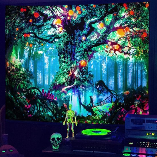 Fantasierijk zwart licht boomtapijt met bosfee, natuur en magische elfenmotieven, muurophanging en trippy UV-reactieve wandtapijten voor slaapkamer - 130 cm x 150 cm