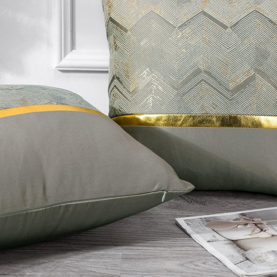 Set van 2 kussenslopen voor bank/auto/slaapkamer luxe moderne minimalistische gouden lederen stiksels, golvende streep decoratieve kussensloop 45 x 45 cm (zilver)