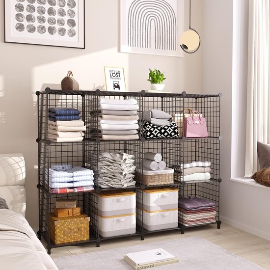 12 Plank Draadkubus Stapelbare Plankkubus DIY Metalen Raster Plankkubus Boekenplank Kubusplank met deuren voor woonkamer, slaapkamer, badkamer Zwart