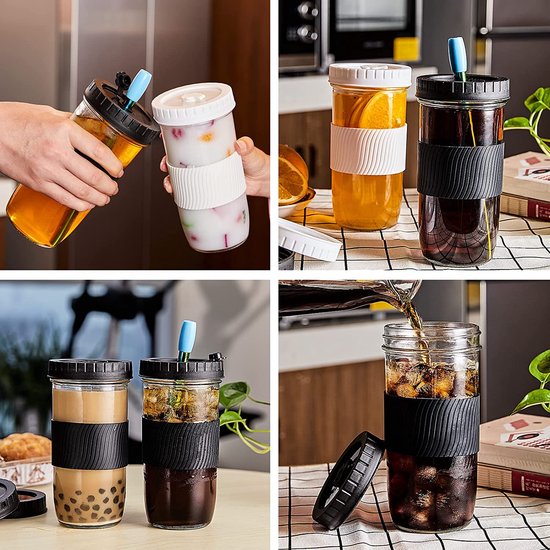 Bubble Tea beker met rietje, 730 ml, 2 stuks, kant-en-klare Mason Jars, voor milkshakes, sap, smoothies, bier