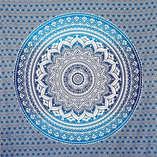 Mandaladoek multifunctioneel - pareo/strandlaken XXL, dun en zandafstotend, grote stranddeken, zandvrij, zanddoorlatend of picknickdeken XXL voor kamperen en yoga - blauw, 210x230cm