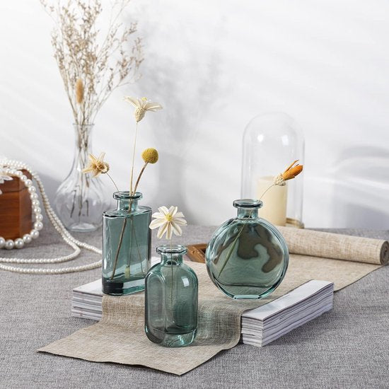 Blauw-groene set van 3 kleine glazen vazen - kleurrijke bloemenvaas voor op het bureau - decoratieve knoopvaas voor thuis, kantoor, tafeldecoratie.