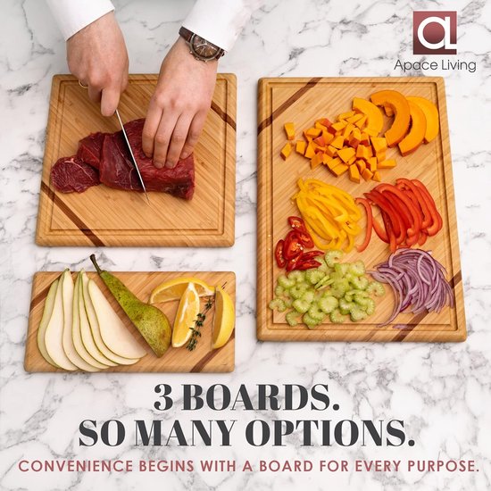 Chorus Houten Snijplank (Set van 3) - Luxe Bamboe Houten Plank Keuken Snijplank Keuken Snijplanken Met Sapgroef Voor Vlees, Groenten, Kaas - Houten Keukenplanken In Verschillende