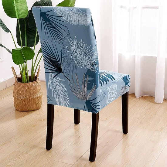 Jaotto - Universele stoelhoezen, stretch stoelhoezen - set van 6 moderne stoelhoezen - elastische duurzame stoelhoezen voor eetkamer decoratie - Blauwe Bladeren, 6 stuks