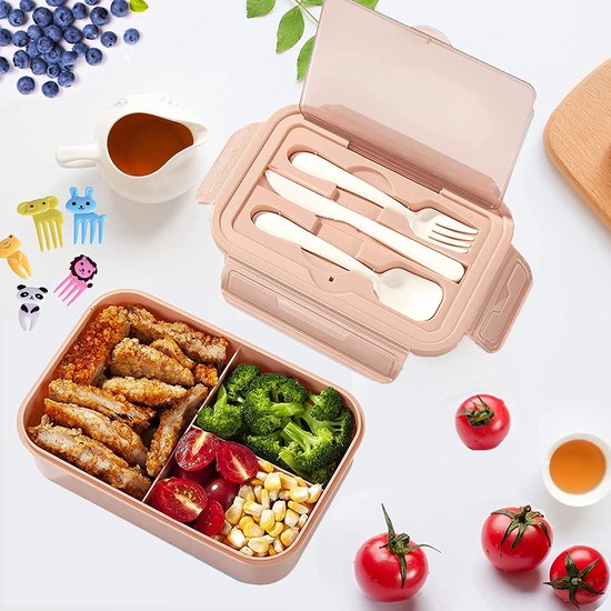 Broodtrommel voor kinderen met vakken, lunchbox voor kinderen, lunchbox voor volwassenen met onderverdeling, Bento Box, lekvrij met bestek, BPA-vrij, geschikt voor de magnetron, school, picknick