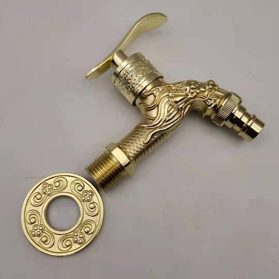 Vintage kraan 1/2 inch wandkraan van zinklegering voor wasmachine, tuinkranen, ouderwetse drakengesneden antieke kraan voor thuis in de keuken, badkamer, wastafel en buiten, goud.