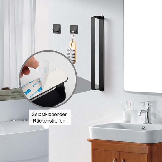 Handdoekhouder zonder boren, handdoekhouder voor gasten, zelfklevend, zonder boren, met 2 handdoekhaken, 42 cm (zwart)