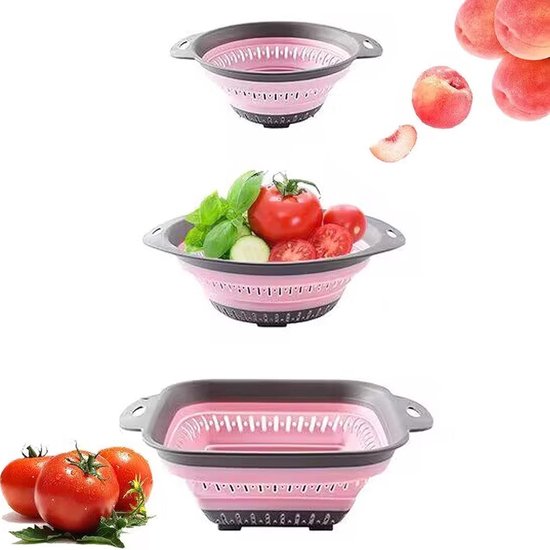 Opvouwbare vergietset, BPA-vrij siliconen voedselvergiet Milieuvriendelijk, niet-giftig en gemakkelijk schoon te maken Hittebestendig Pasta Groentevergiet Vaatwasmachinebestendig 3-delige set (roze)