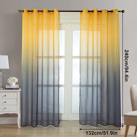 Set van 2 gordijnen met kleurverloop, transparante gordijnen, linnen, decoratieve vitrage voor woonkamer, slaapkamer, raamdecoratie voor het raam, 135 x 240 cm (b x h), geel en grijs