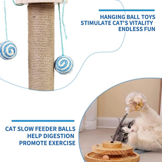 Interactief kattenspeelgoed, kattenvoerspeelgoed met houten ballen, traktatiespeelgoed voor binnenkatten en kittens, kattenkrabpaal met hangende bal