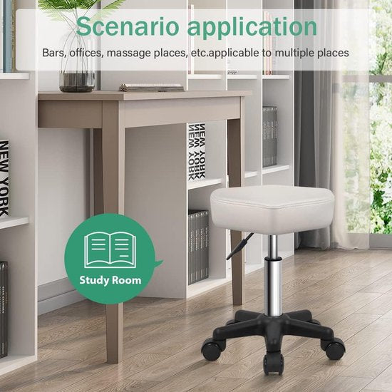 Ronde draaikruk met wielen PU Leahter rolkruk in hoogte verstelbare kruk voor spa-salon massage wit