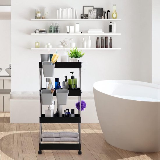 Opbergwagen, keukenwagen, 4-laags rollende wagen met wielen en 3 hangende kopjes, multifunctioneel opbergrek voor keuken, badkamer, slaapkamer, kantoor, zwart