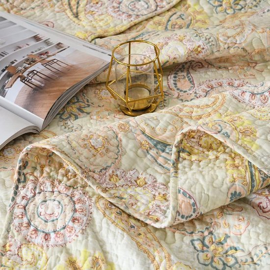 sprei van katoen 220x240cm, sprei 230x250 voor tweepersoonsbed met geel paisley bloemenpatroon, all-season deken, banksprei, gewatteerde deken met 2 kussenslopen