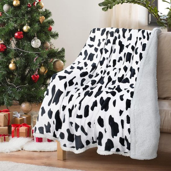 Sherpa Deken, knuffeldeken, extra dikke warme bankdeken, bankdeken in tweezijdig, super fleece deken als bankplaid of woonkamerdeken, 150 x 130 cm, koeienprint