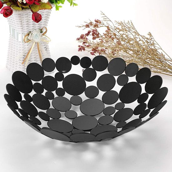 Ronde zwarte fruitschaal van ijzer, moderne fruitmand, broodmand, decoratieve schaal, opslag voor brood, groenten, in keuken, woonkamer, eettafel, diameter 30 cm