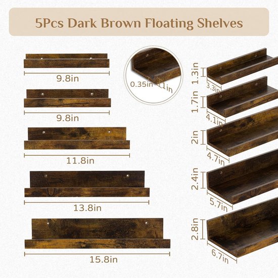Wandrek, houten rek, 5-delige set, zwevende planken, vintage wandplanken, houten rek voor keuken, kinderkamer, woonkamer