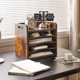 Houten bureaublad, 4 niveaus in het vak, A4-formaat, archiefhouder, magazijn, organizer, papieropslag, kantoor, bureau, netjes aktenhouder, rek, bruin