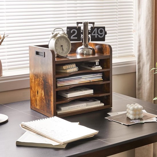 Houten bureaublad, 4 niveaus in het vak, A4-formaat, archiefhouder, magazijn, organizer, papieropslag, kantoor, bureau, netjes aktenhouder, rek, bruin