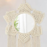 Macramé wanddecoratie, boho-spiegel, rond, dromenvanger voor de slaapkamer, met kwastjes, grote wandversiering, thuis, ornament voor vrouwen en moeders.