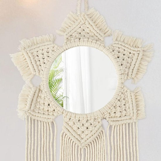 Macramé wanddecoratie, boho-spiegel, rond, dromenvanger voor de slaapkamer, met kwastjes, grote wandversiering, thuis, ornament voor vrouwen en moeders.