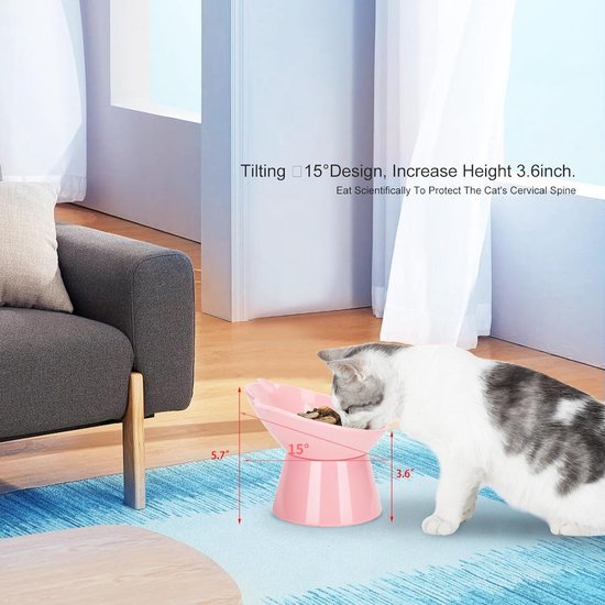 Kattenbak, kattenvoerbak, verhoogd met 15° kanteling, anti-braken kattenbakken voor voedsel en water, roze