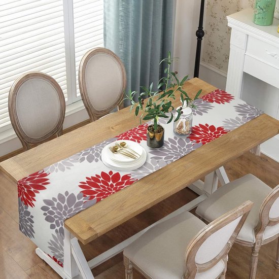 Table Runner Christmas Modern Red Grey Table Runner Double Durable Dahlia Floral Table Mats Runner for Dining Table Wedding Gift Party Wedding Table Runner Linen 40 x 140 cm