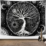 Levensboom wandtapijt zwart-wit-zon-maan-wandtapijt Galaxy Space wandtapijt zwart esthetisch wandtapijt voor slaapkamer L / 150 cm x 200 cm