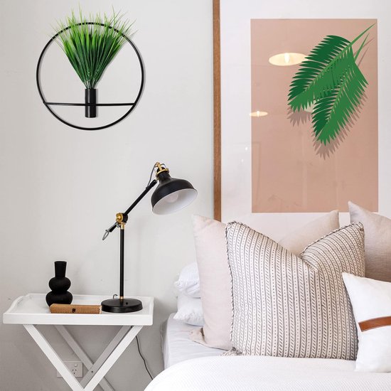 Set van 2 kunstplanten met rond mat zwart metalen hangframe voor wanddecoratie, aan de muur gemonteerde kunstplanten met metalen banden voor moderne zwarte wanddecoratie