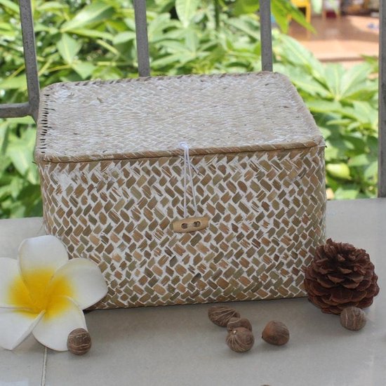 Opbergmand van zeegras met dekselset met 2 stapelbare manden, natuurlijk zeegras, geweven, vierkante manden voor rekken, organizer, dozen, opslag van cosmetica, sieraden, naalddraden