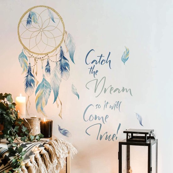 Dream Catcher Quotes Muurstickers Kleurrijke Veren Wall Art Slaapkamer Woonkamer Home Decor