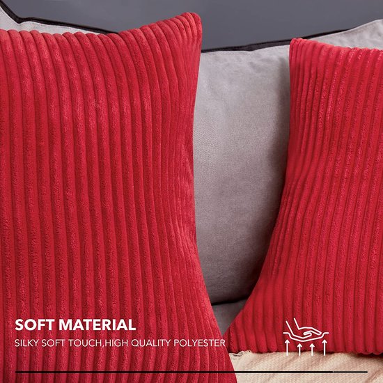 Deconovo Gestreepte Corduroy Kussenhoes Kerst met Verbogen Rits, 45x45 cm, Rood, Fluwelen Kussenovertrekken voor Bank, Woonkamer, Vierkante, set van 2