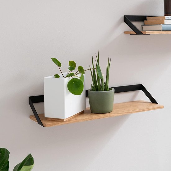 Wandrekset | hangende planken van metaal en echt houten veneer | wanddecoratie en plank voor badkamer, woonkamer, keuken, slaapkamer en meer | eiken