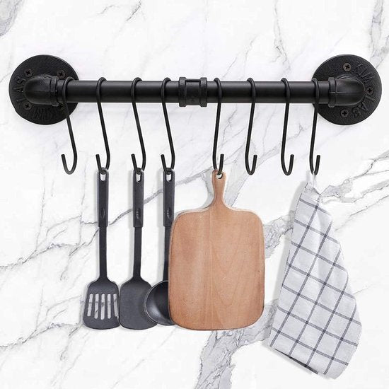 40cm Industrieel Pijp Pannenrek met 8 Haken - Wandmontage Keukengerei Kookgerei Hanger Organizer Keukengerei Deksels